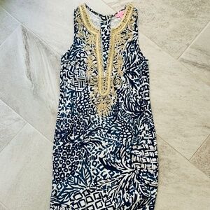 Lilly Pulitzer Carlotta Nauti Navy Boho Bateau Gold Cording Shift Dress